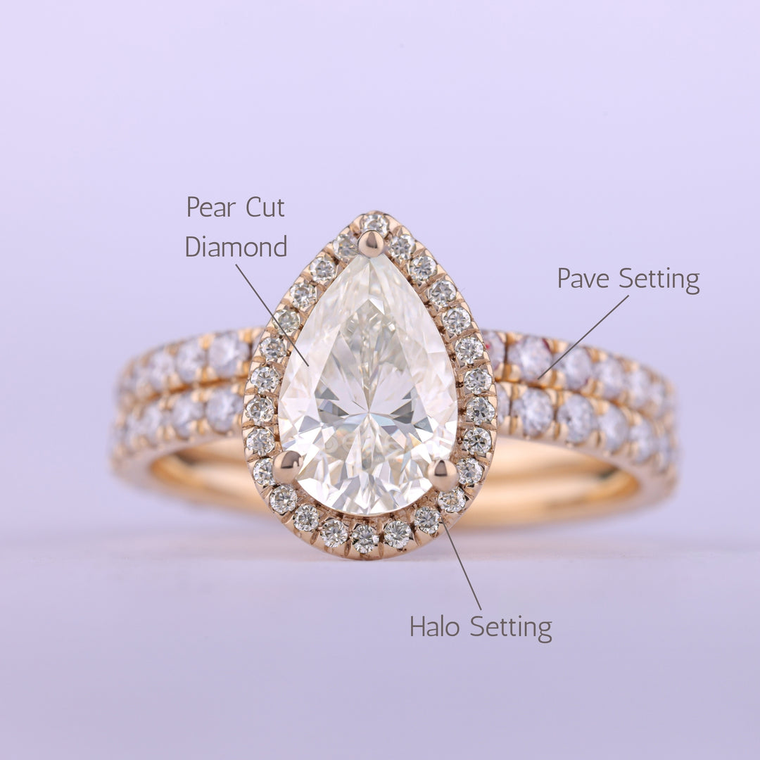 1.0CT Pear Cut Halo Pave Setting Diamond Moissanite Bridal Ring Set