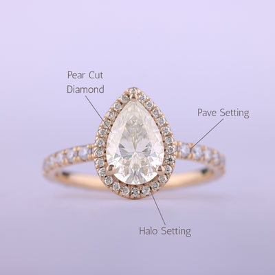 1.0CT Pear Cut Diamond Halo Pave Setting Moissanite Engagement Ring