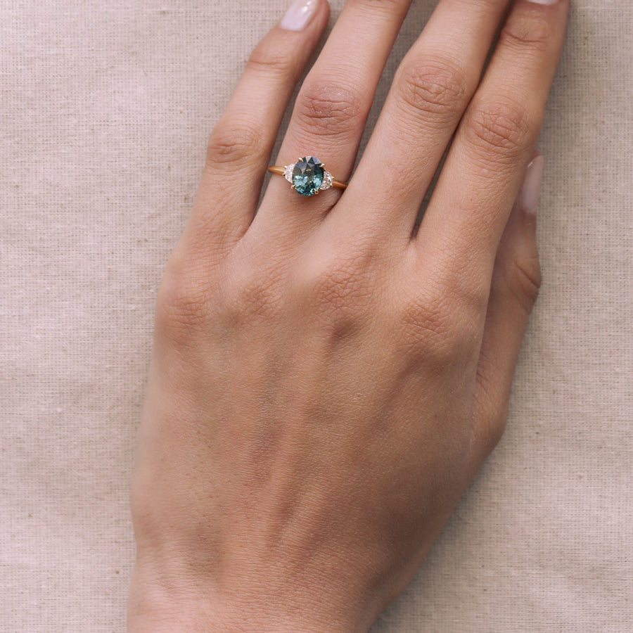 3.0CT Teal Green Oval Diamond Three Stone Lab Grown Engagement Ring