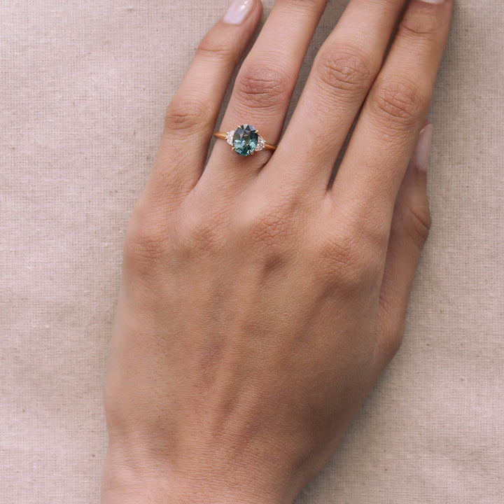 3.0CT Teal Green Oval Diamond Three Stone Lab Grown Engagement Ring
