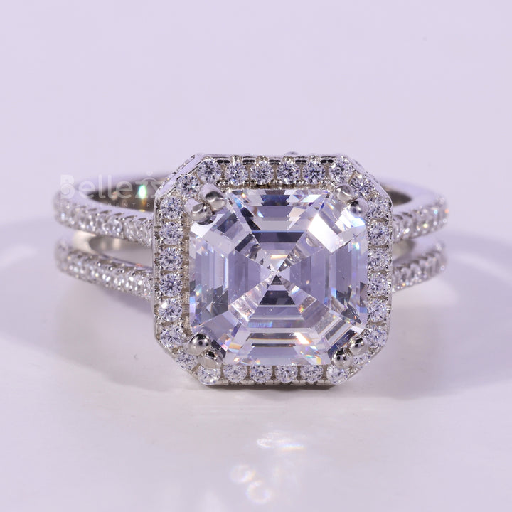 1.50CT Asscher Cut Halo Moissanite Engagement Ring