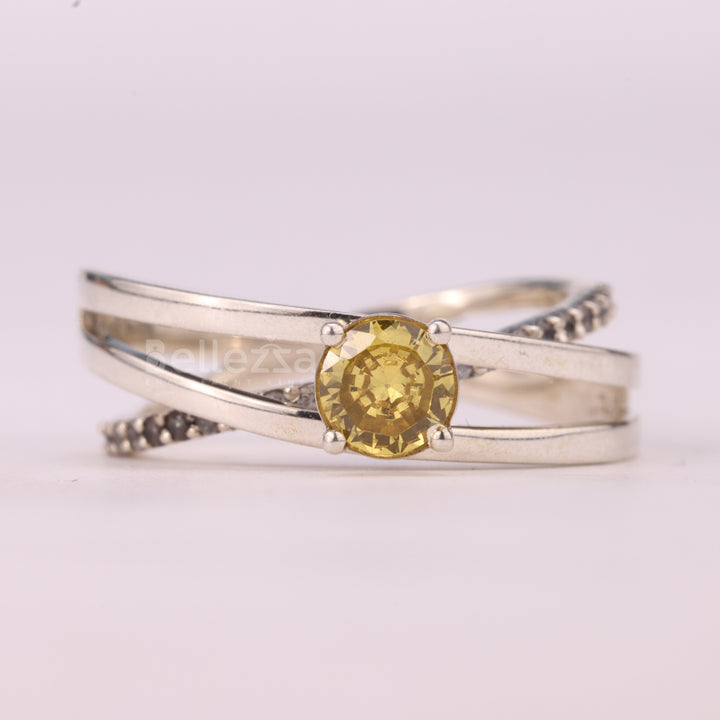 0.7CT Round Cut Yellow Diamond Unique Crossover Engagement Ring