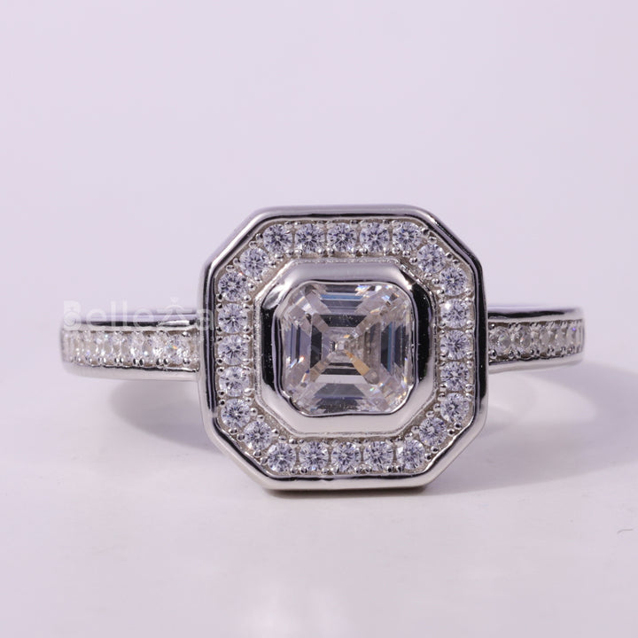 1.0CT Asscher Cut Diamond Halo Pave Setting Moissanite Engagement Ring