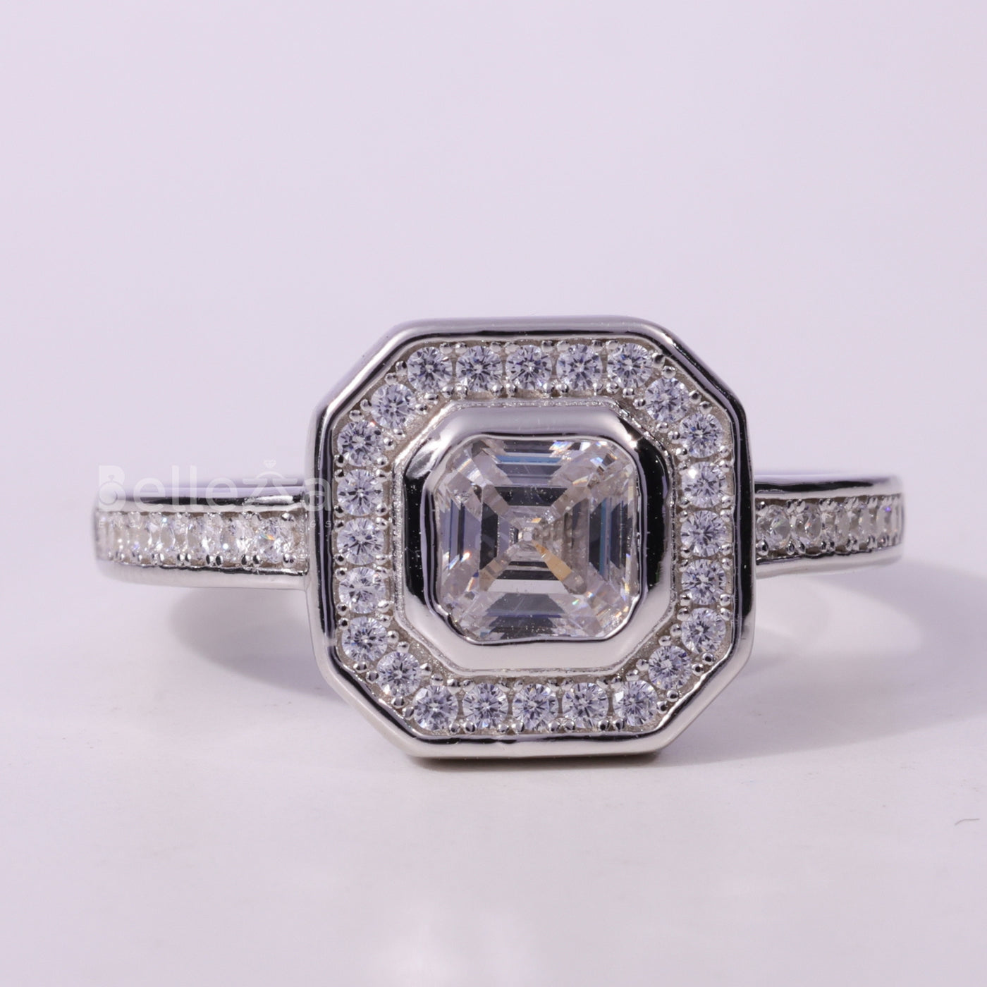 1.0CT Asscher Cut Diamond Halo Pave Setting Moissanite Engagement Ring