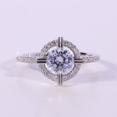 1.0CT Round Cut Halo Pave Setting Moissanite Engagement Ring