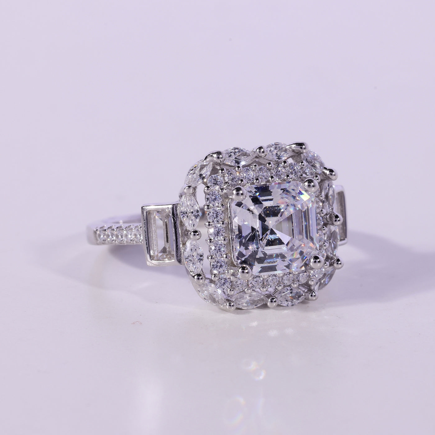 1.0CT Asscher Cut Cluster Diamond Moissanite Engagement Ring