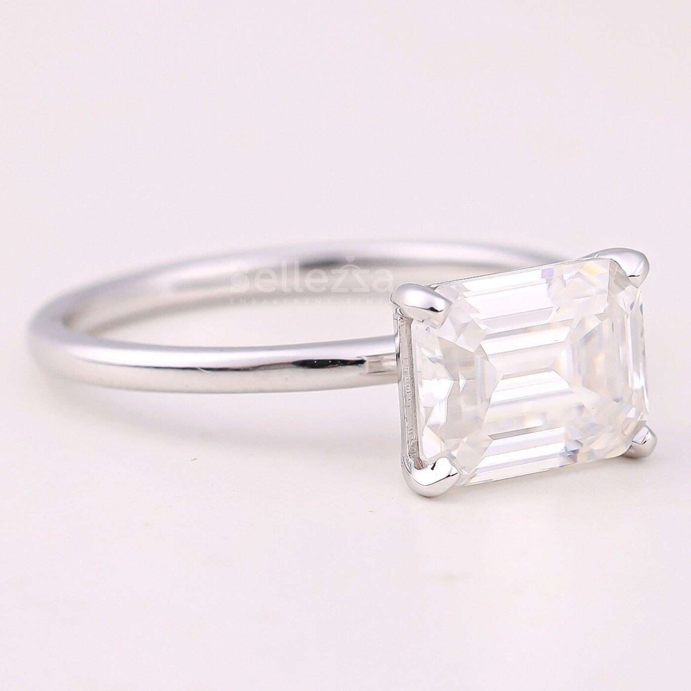 2.0CT East-West Emerald Cut Solitaire Moissanite Engagement Ring