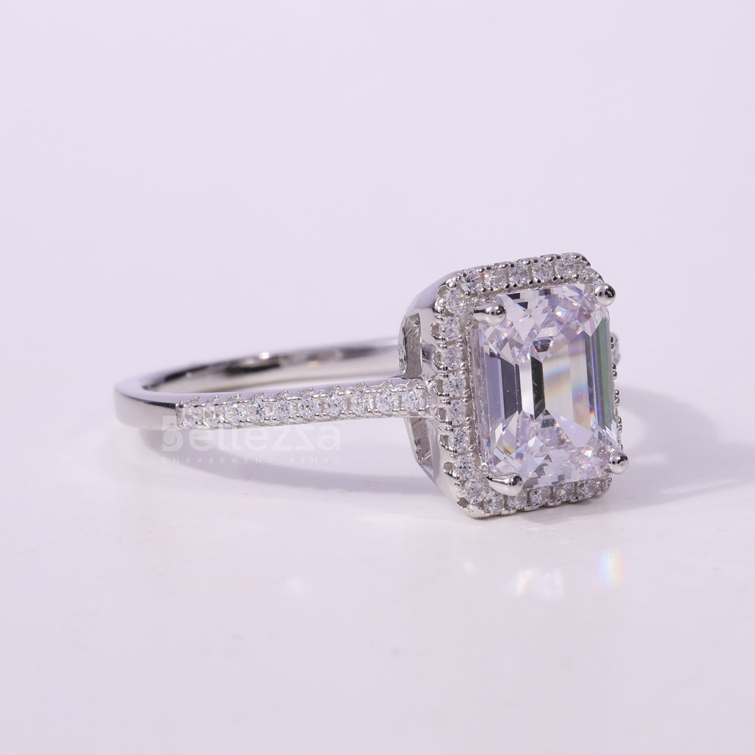 1.0CT Emerald Cut Halo Setting Moissanite Engagement Ring