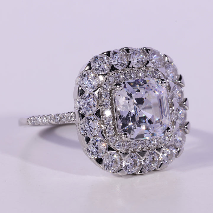 1.0CT Asscher Cut Double Halo Moissanite Engagement Ring