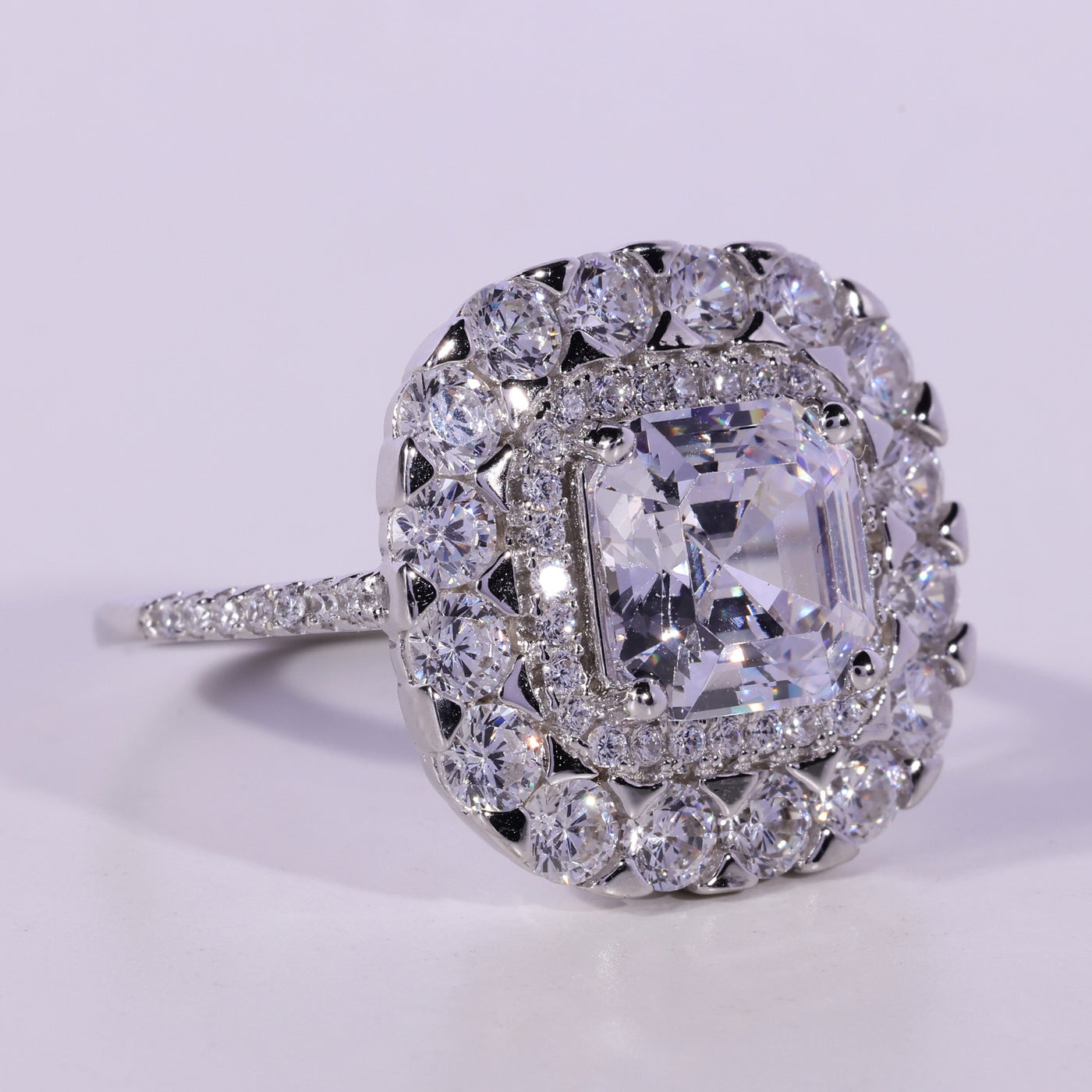 1.0CT Asscher Cut Double Halo Moissanite Engagement Ring