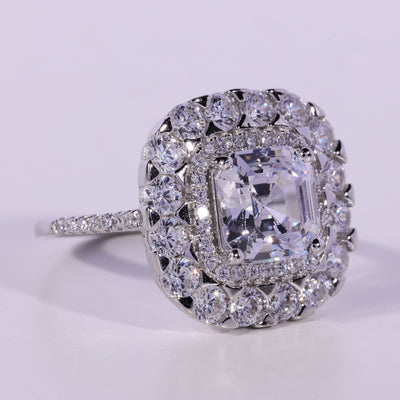 1.0CT Asscher Cut Double Halo Moissanite Engagement Ring