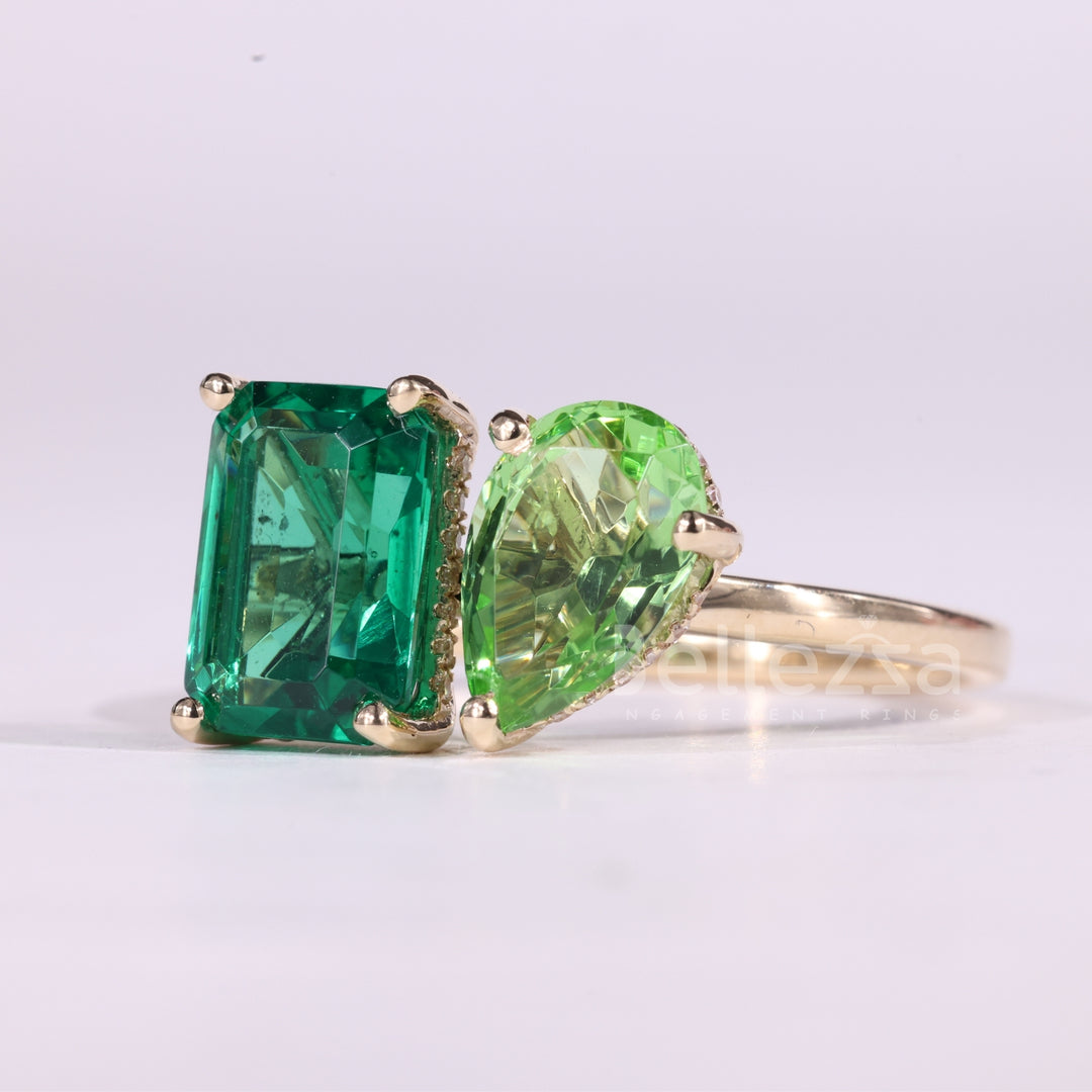 2.0CTW Emerald & Pear Cut Green Gemstone Toi Et Moi Engagement Ring