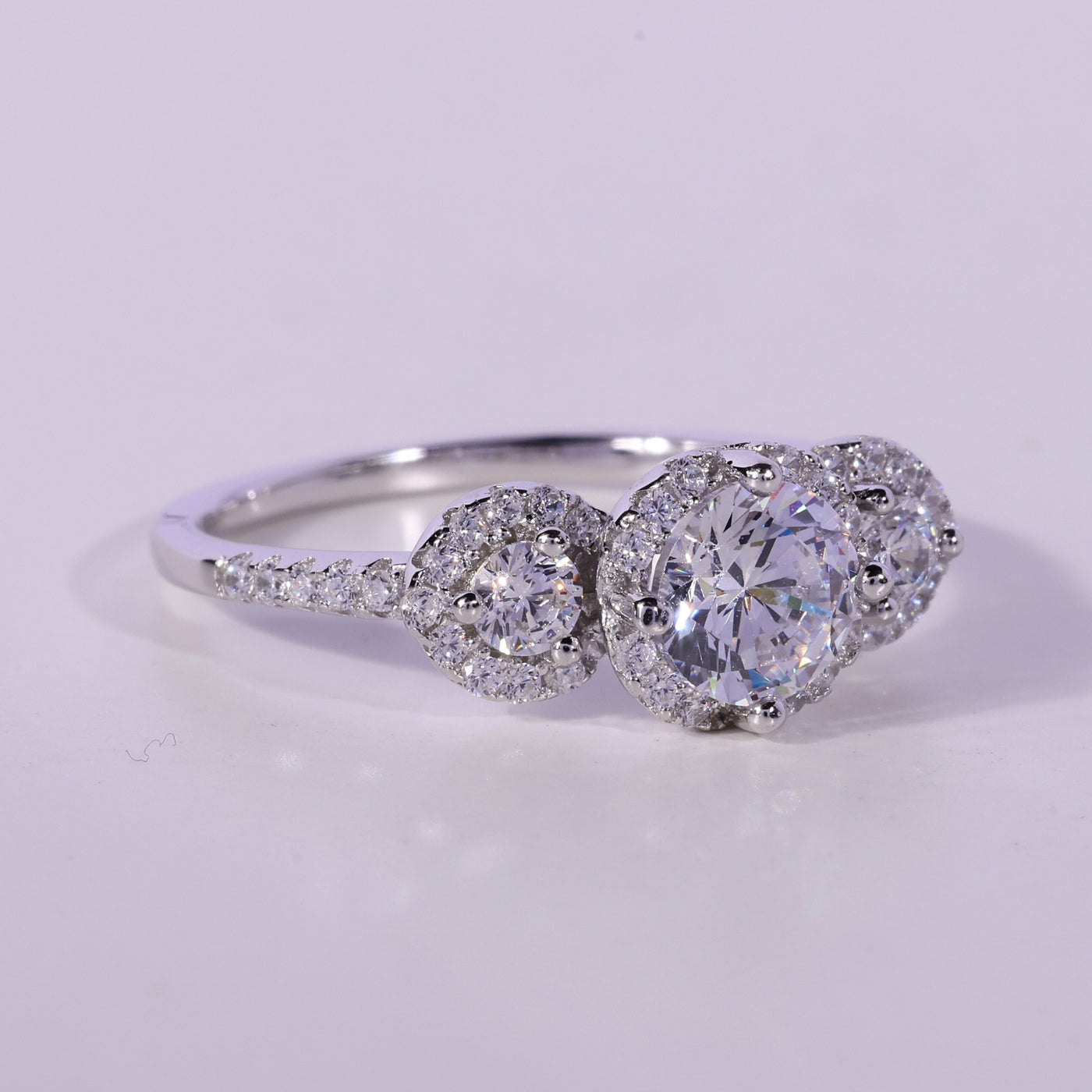 0.50CT Round Cut Three Stone Halo Setting Moissanite Engagement Ring