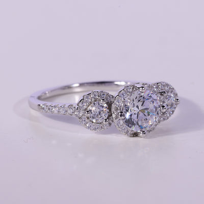 0.50CT Round Cut Three Stone Halo Setting Moissanite Engagement Ring