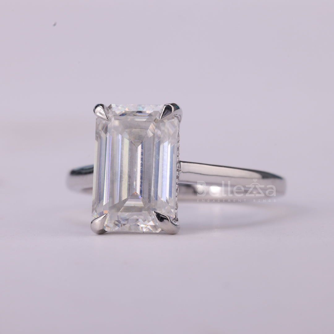 1.50CT Emerald Cut Diamond Hidden Halo Moissanite Engagement Ring
