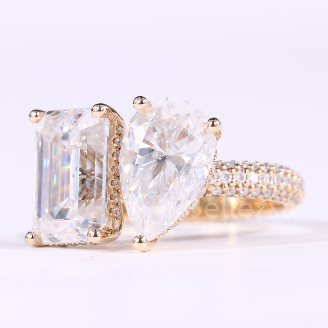 2.0CTW Emerald & Pear Cut Toi Et Moi Three Side Pave Set Engagement Ring