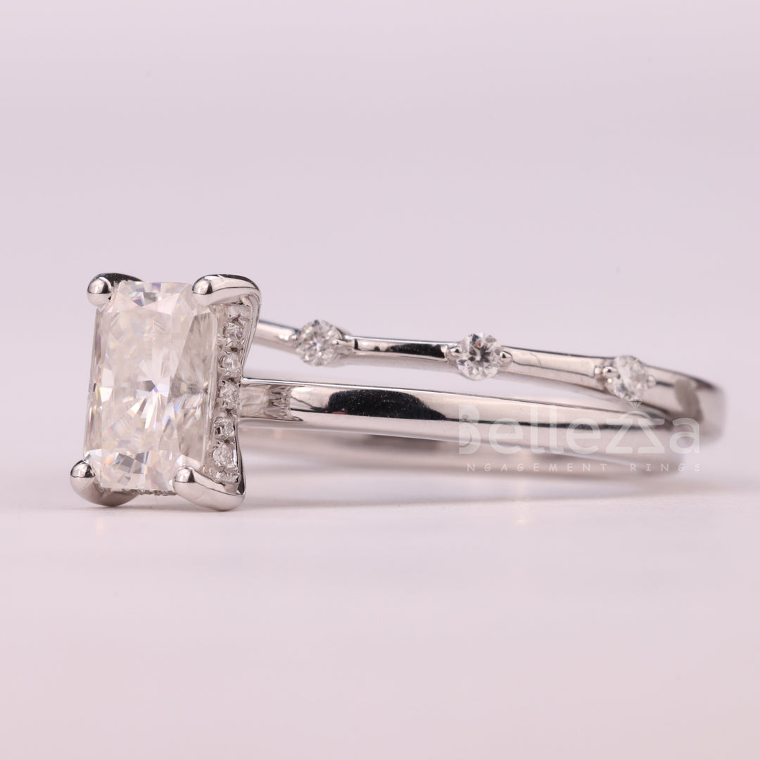 1.0CT Radiant Cut Petite Pave Setting Moissanite Bridal Ring Set
