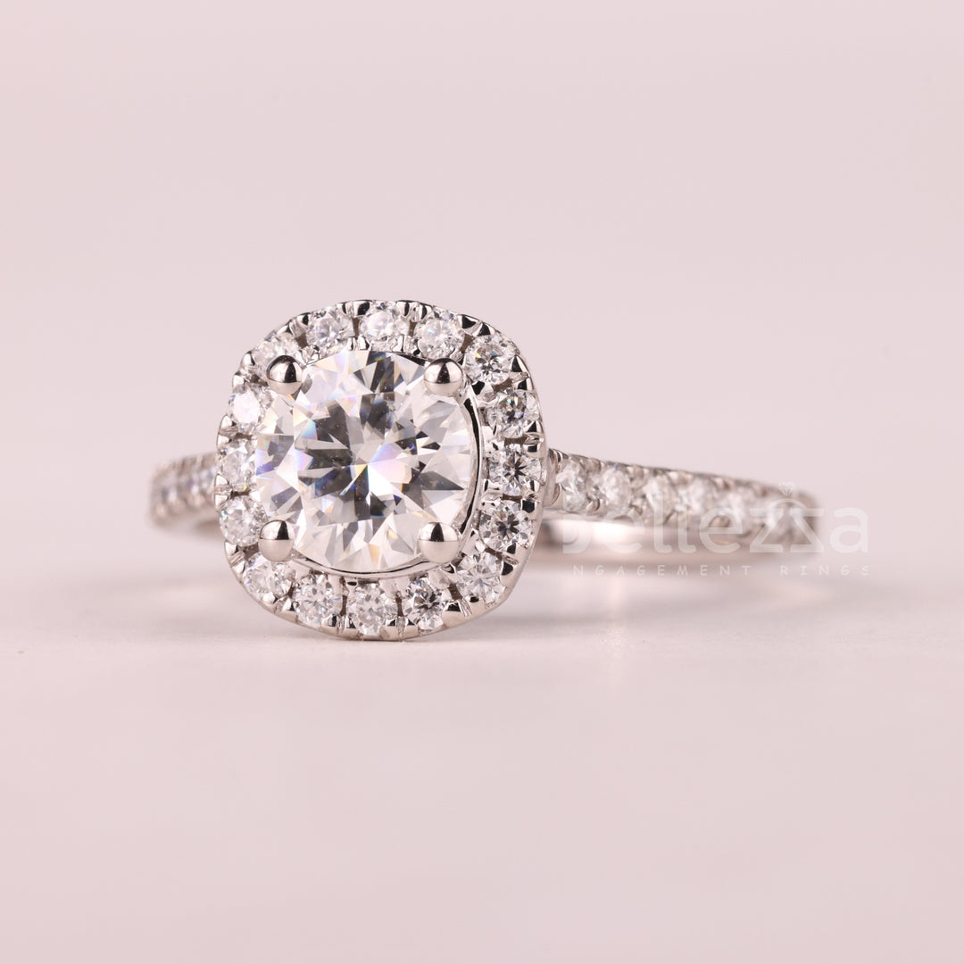 1.0CT Round Cut Halo Pave Setting Moissanite Engagement Ring