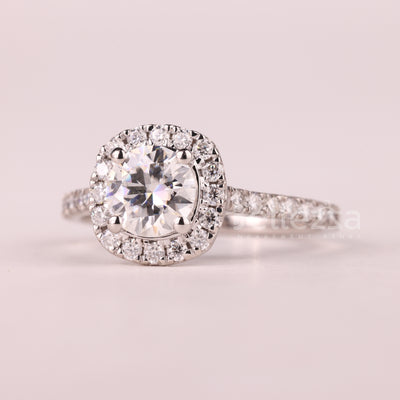 1.0CT Round Cut Halo Pave Setting Moissanite Engagement Ring