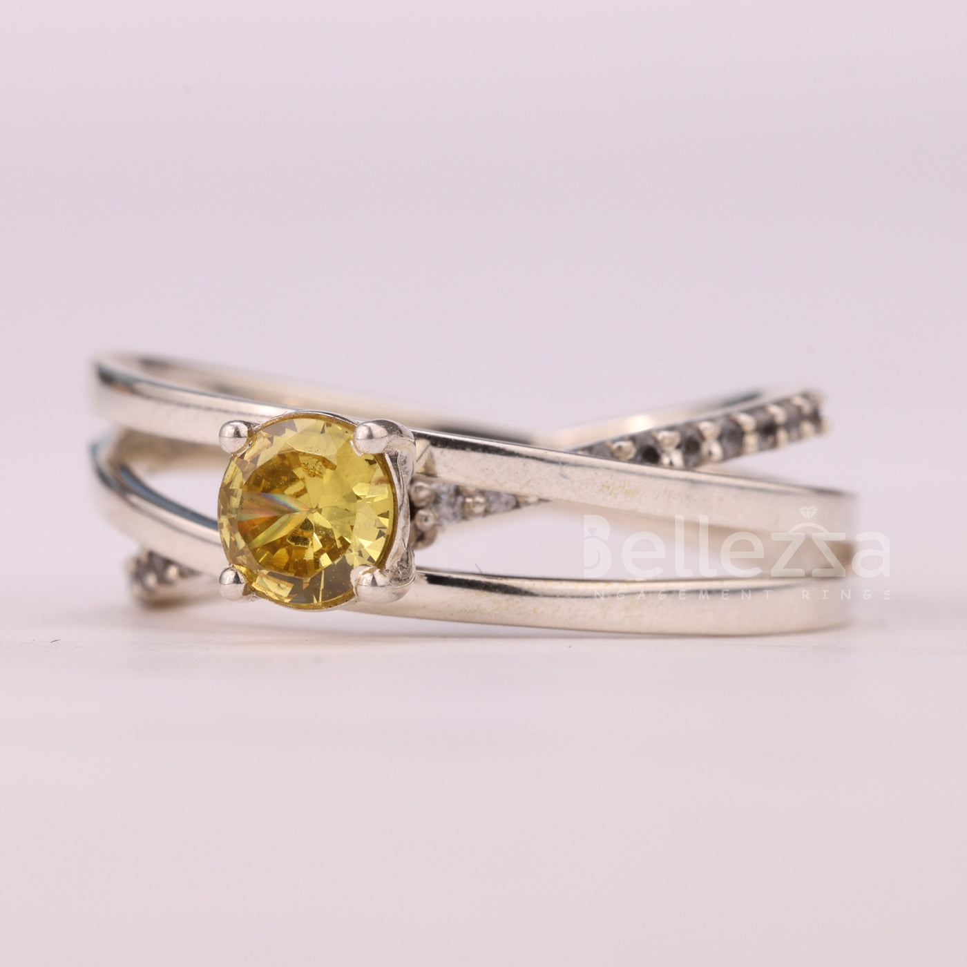 0.7CT Round Cut Yellow Diamond Unique Crossover Engagement Ring