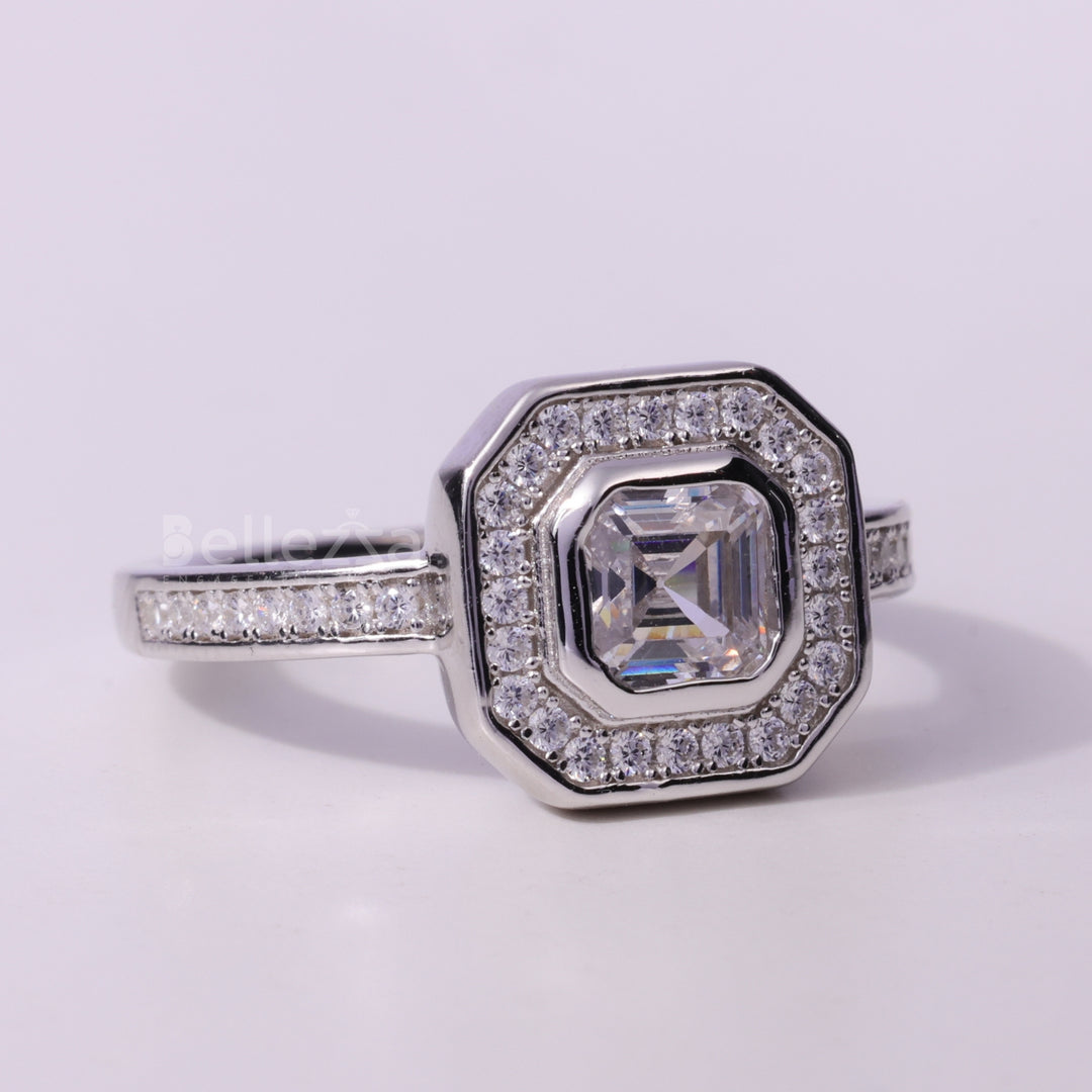 1.0CT Asscher Cut Diamond Halo Pave Setting Moissanite Engagement Ring