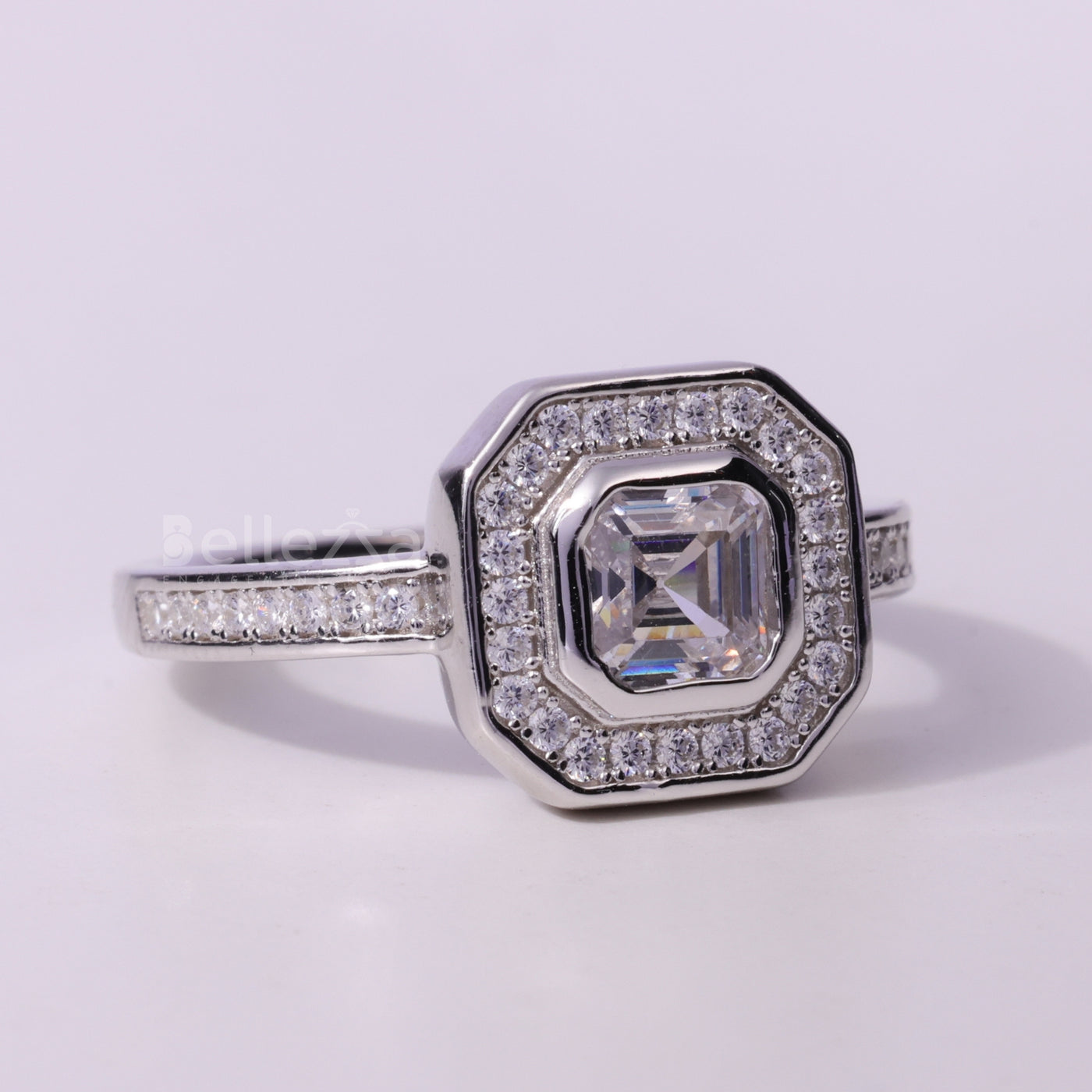 1.0CT Asscher Cut Diamond Halo Pave Setting Moissanite Engagement Ring