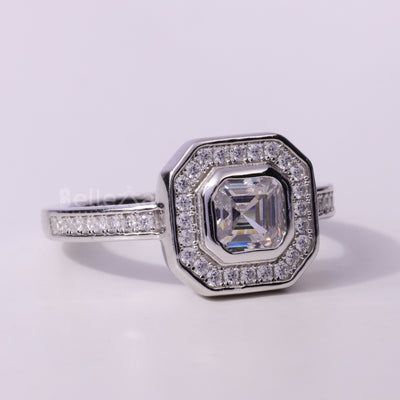 1.0CT Asscher Cut Diamond Halo Pave Setting Moissanite Engagement Ring