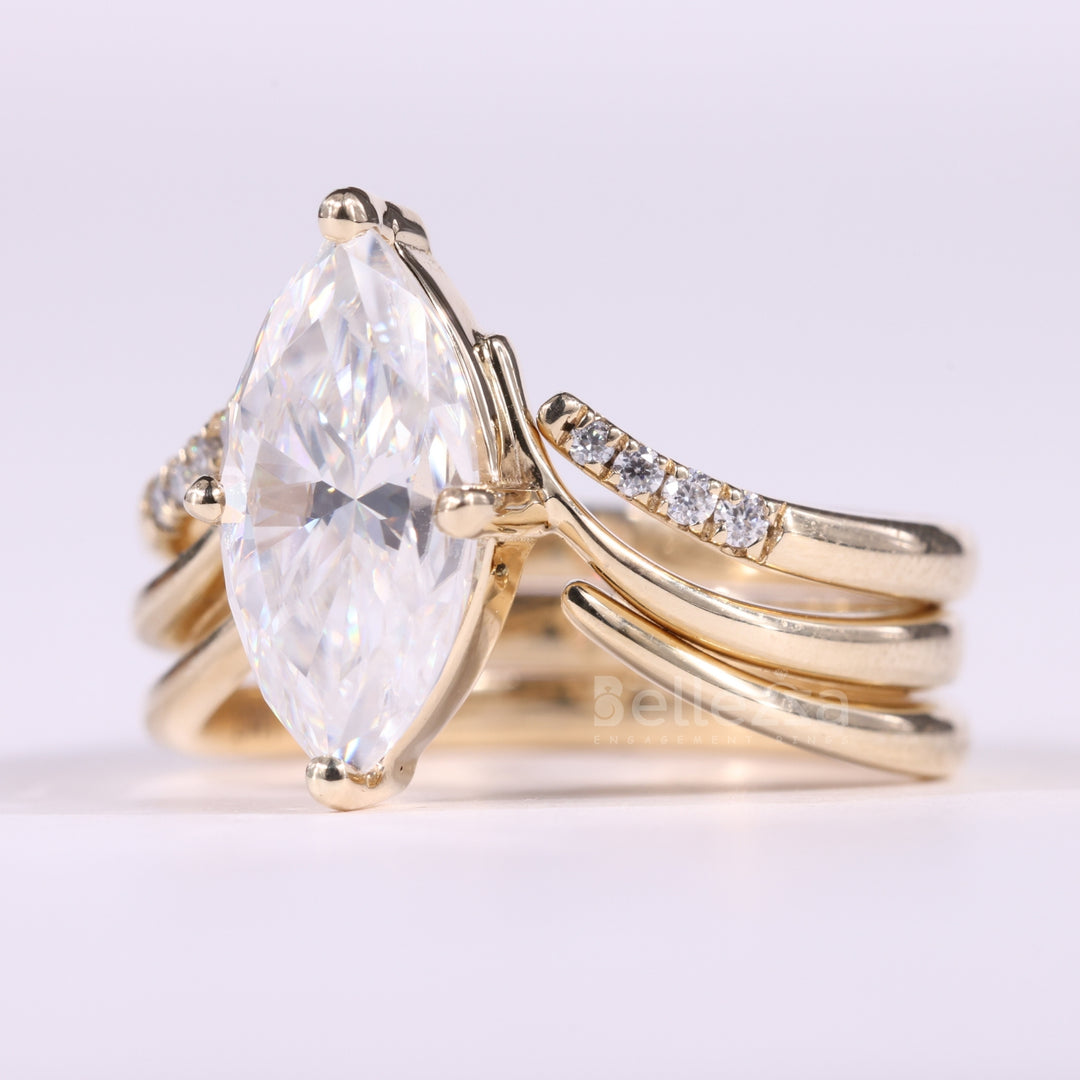 2.0CT Marquise Cut Unique Curved Moissanite Engagement Ring Set