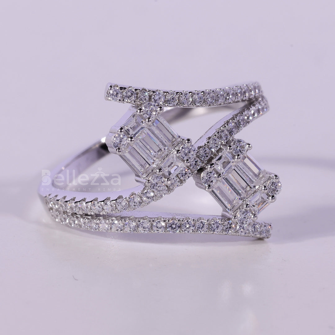 Unique Baguette & Round Diamond Cluster Moissanite Engagement Ring