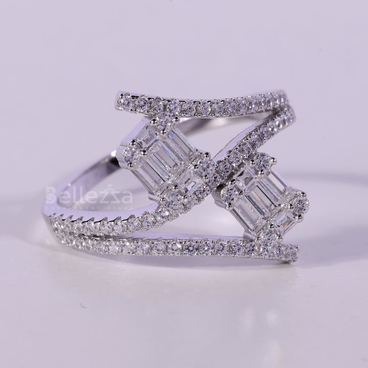 Unique Baguette & Round Diamond Cluster Moissanite Engagement Ring