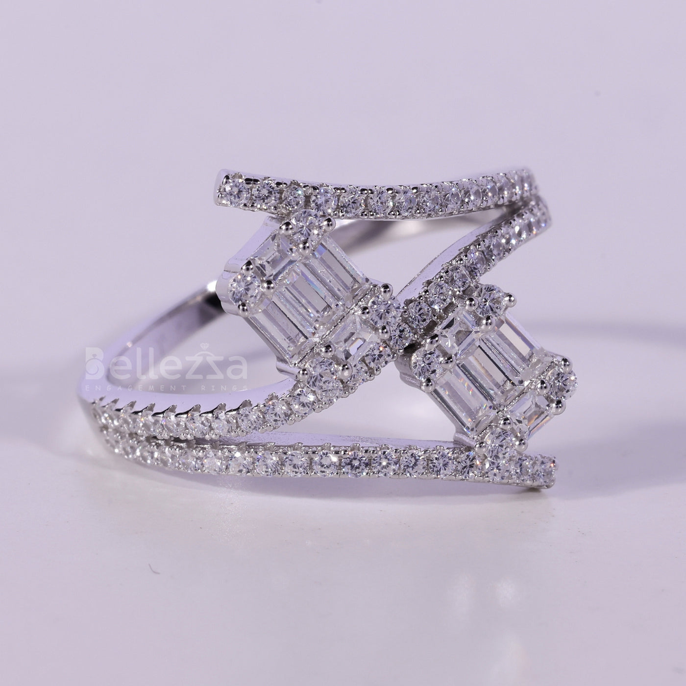 Unique Baguette & Round Diamond Cluster Moissanite Engagement Ring