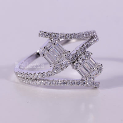 Unique Baguette & Round Diamond Cluster Moissanite Engagement Ring