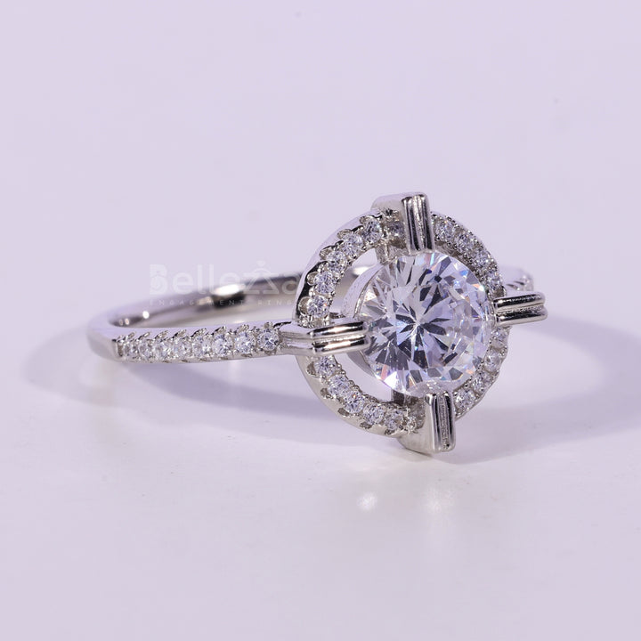 1.0CT Round Cut Halo Pave Setting Moissanite Engagement Ring
