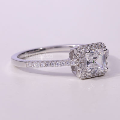 1.0CT Asscher Cut Halo Pave Setting Moissanite Engagement Ring