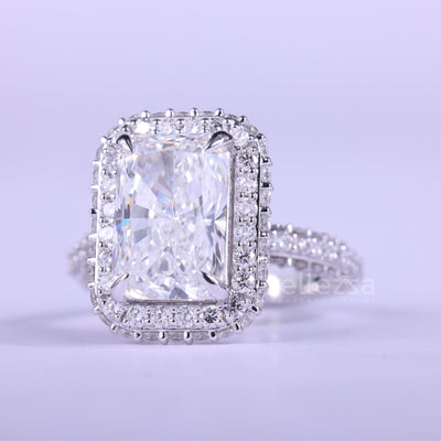 2.0CT Radiant Cut Three Side Pave & Halo Set Moissanite Engagement Ring