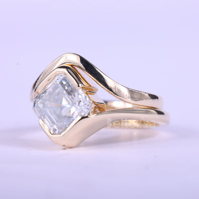 1.50CT Asscher Cut Unique Bezel Setting Moissanite Bridal Ring Set