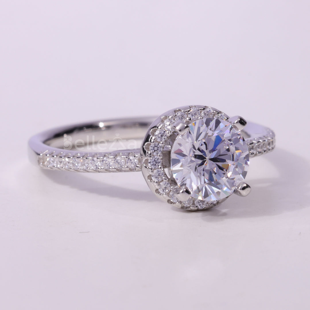 1.0CT Round Cut Halo Setting Moissanite Engagement Ring