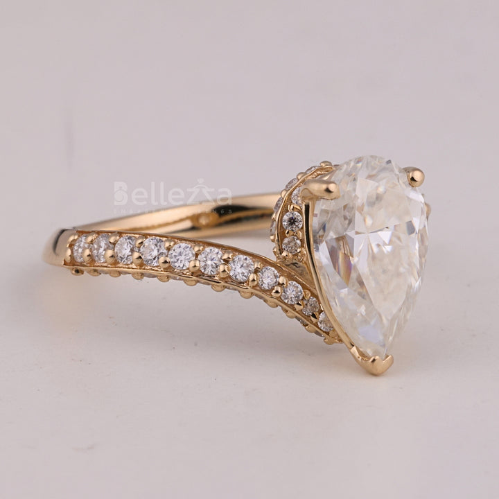 1.0CT Pear Cut Three Side Pave Setting Moissanite Engagement Ring