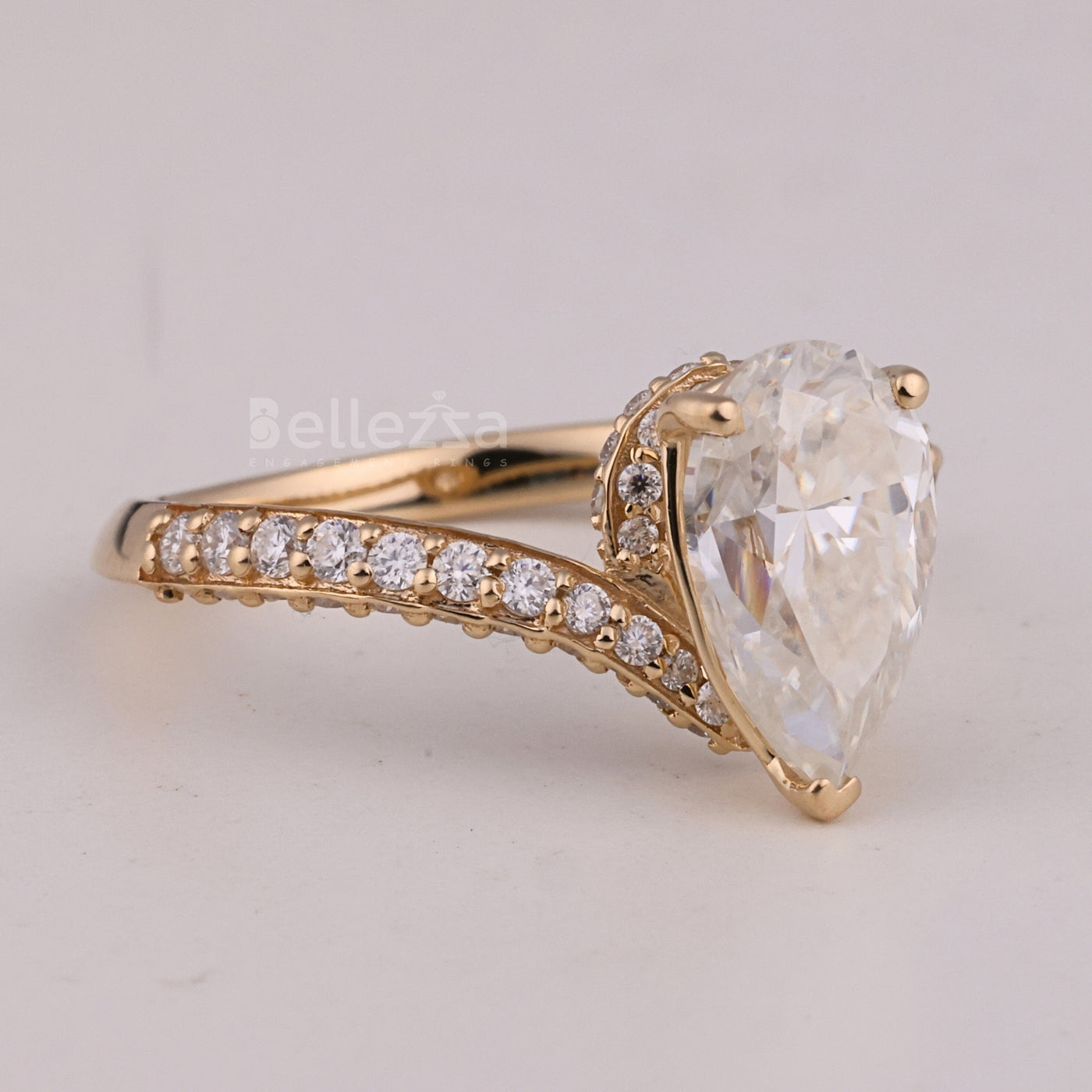 1.0CT Pear Cut Three Side Pave Setting Moissanite Engagement Ring