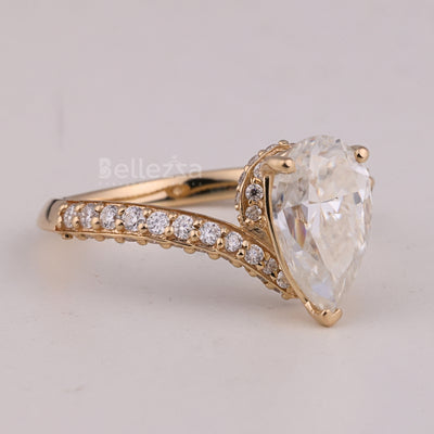 1.0CT Pear Cut Three Side Pave Setting Moissanite Engagement Ring