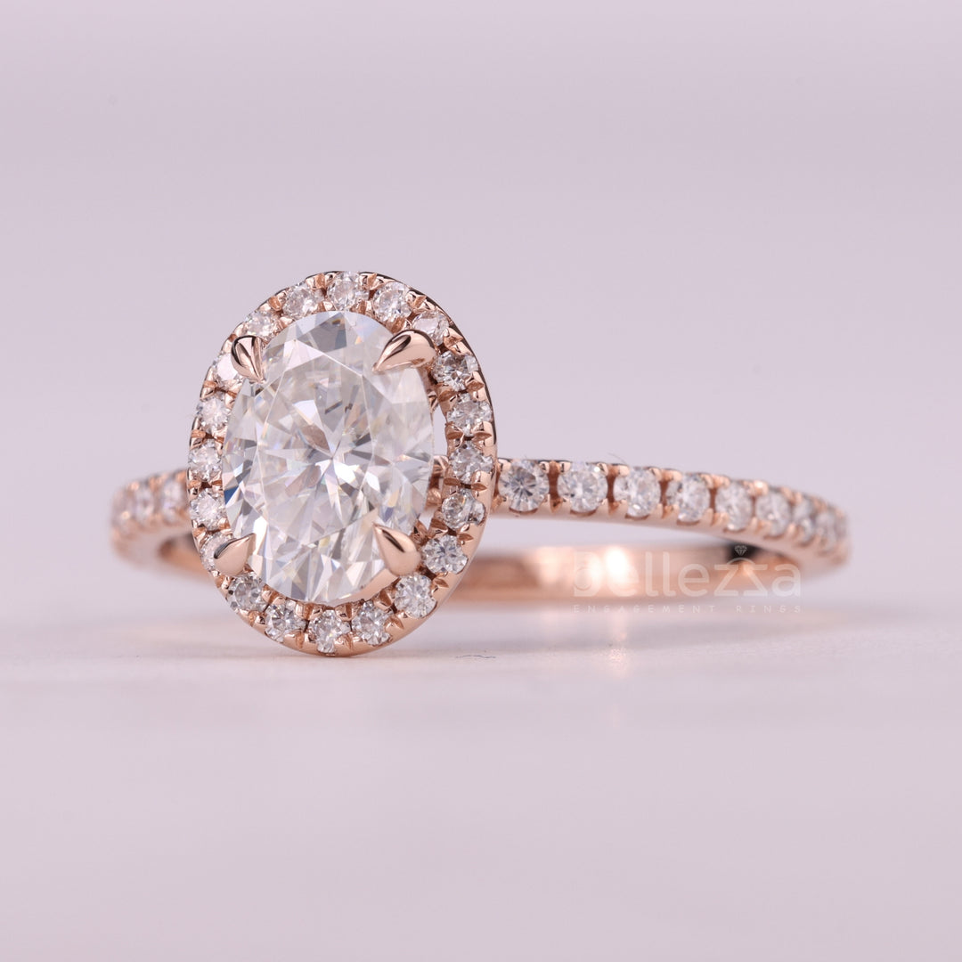 1.0CT Oval Cut Halo Pave Setting Moissanite Engagement Ring
