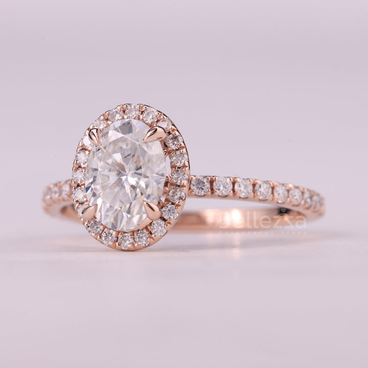 1.0CT Oval Cut Halo Pave Setting Moissanite Engagement Ring