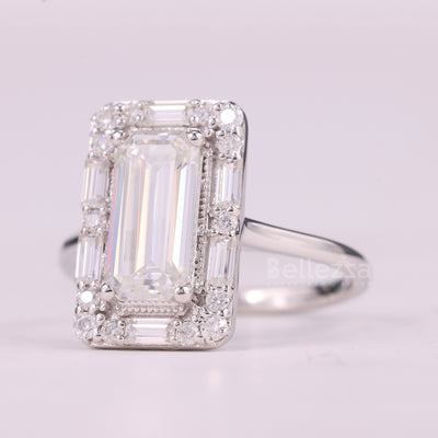 1.50CT Baguette Cut Halo Cluster Diamond Moissanite Engagement Ring