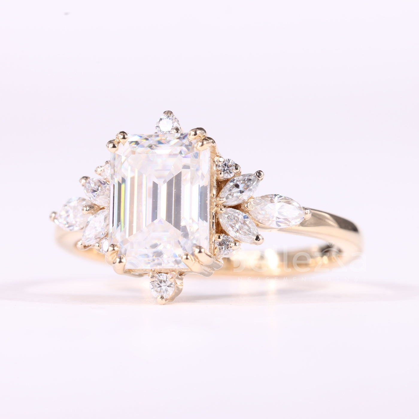 1.00CT Emerald Cut Cluster Diamond Moissanite Engagement Ring