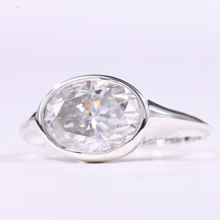 2.0CT East-West Oval Cut Bezel Set Solitaire Moissanite Engagement Ring