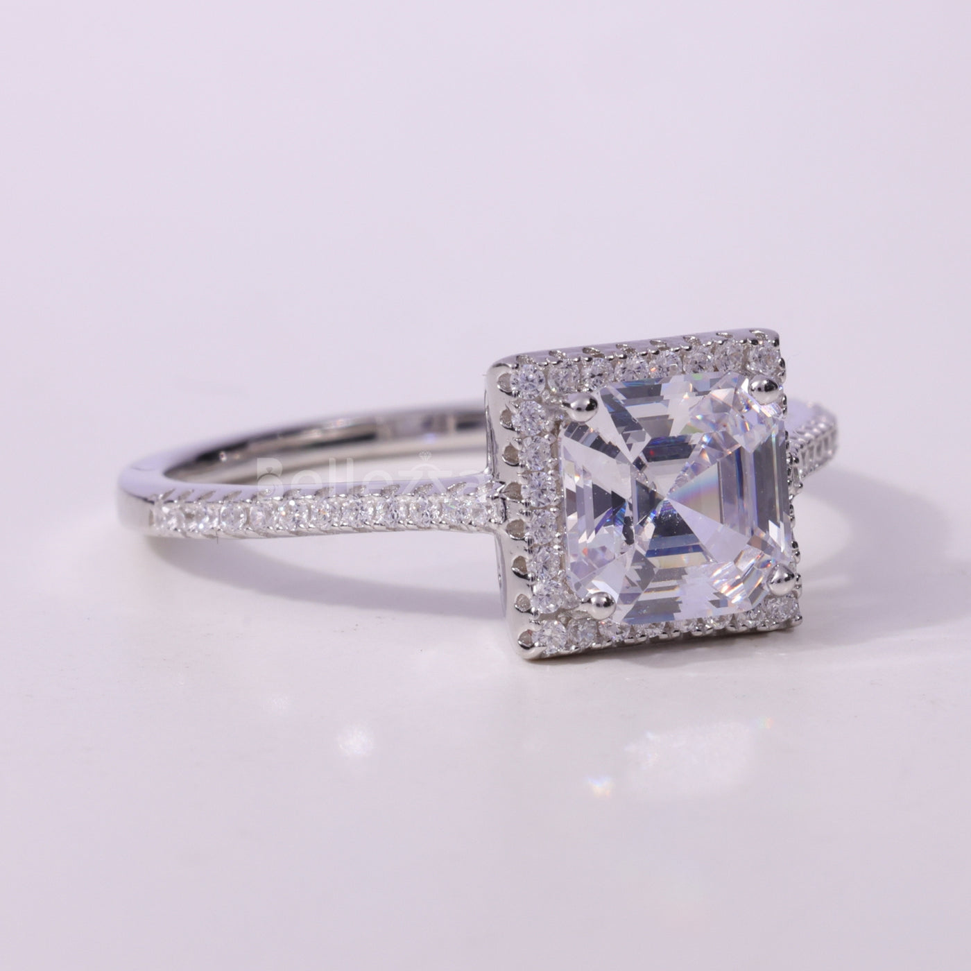 1.0CT Asscher Cut Diamond Halo Pave Setting Moissanite Engagement Ring