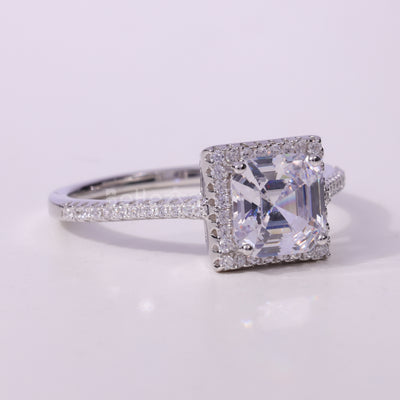 1.0CT Asscher Cut Diamond Halo Pave Setting Moissanite Engagement Ring