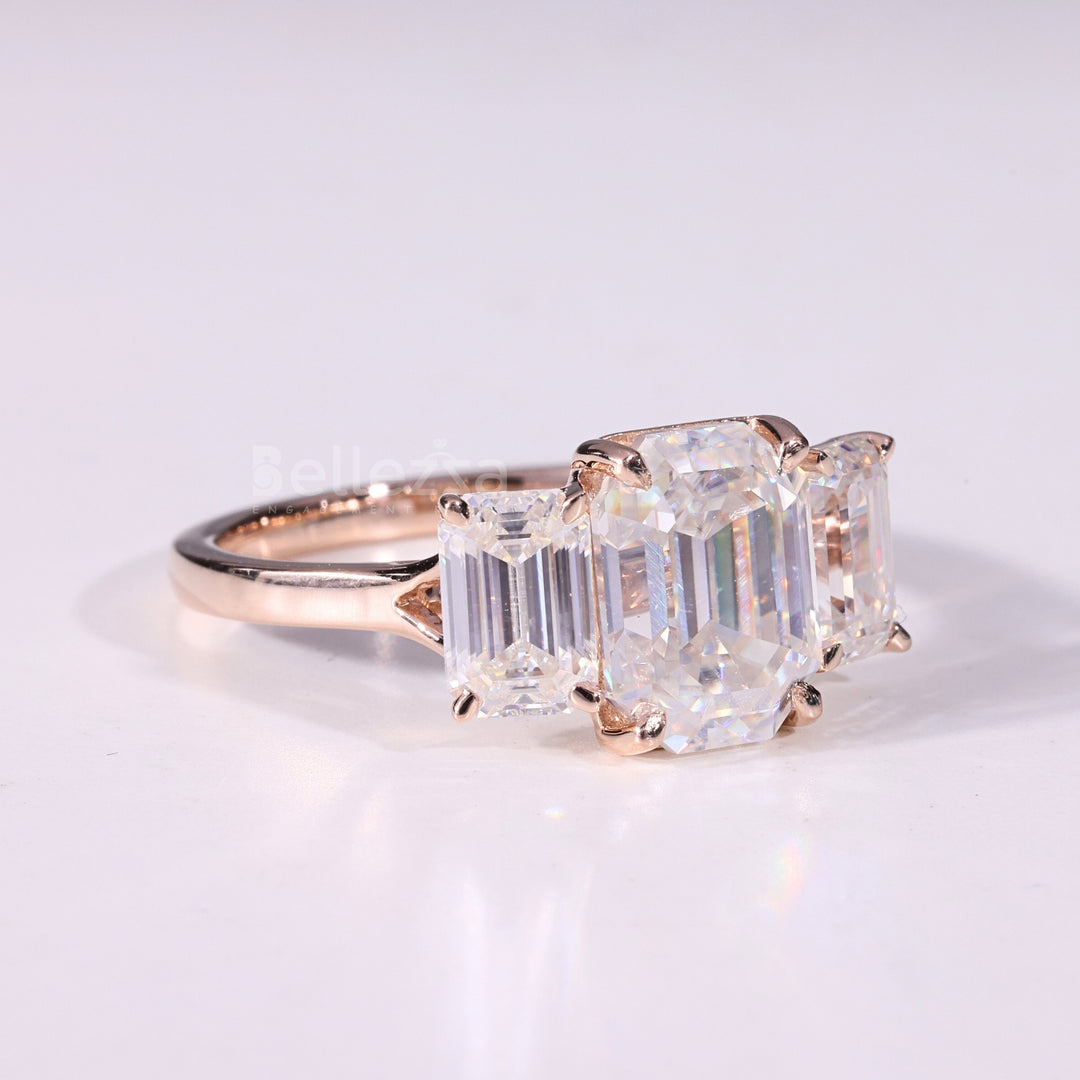 1.0CT Emerald Cut Three Stone Moissanite Engagement Ring
