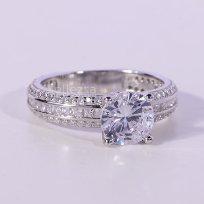 0.75CT Round Cut Three Row Pave Setting Moissanite Engagement Ring