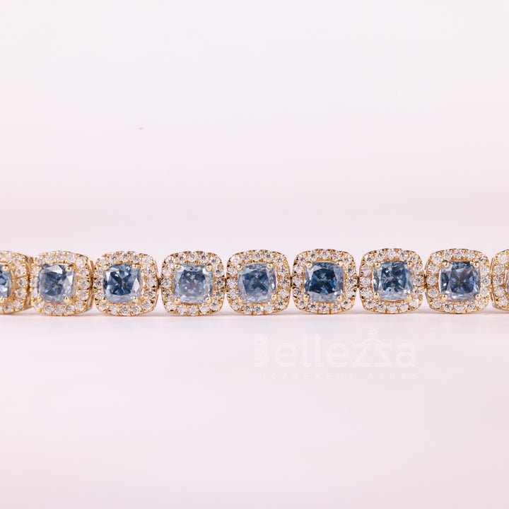 Cushion Cut Blue Sapphire Gemstone Halo Set Moissanite Bracelet